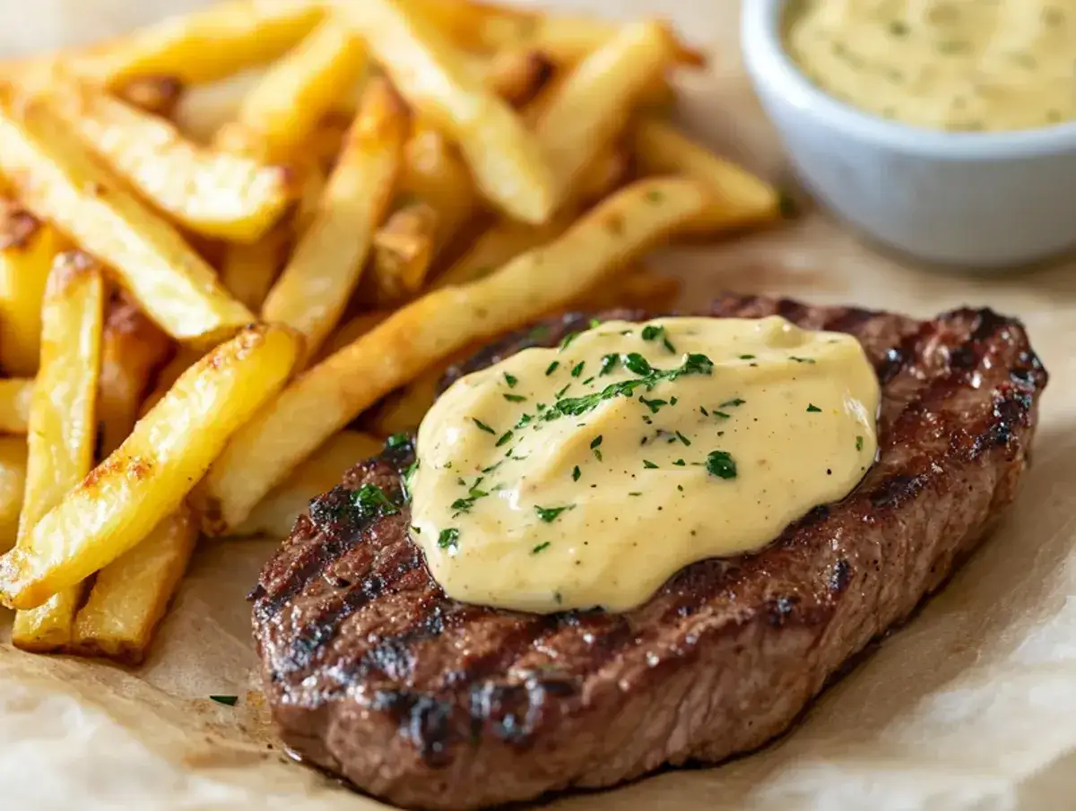 Biff med pommes frites och krämig bearnaisesås, perfekt för ett bearnaisesås recept stavmixer.