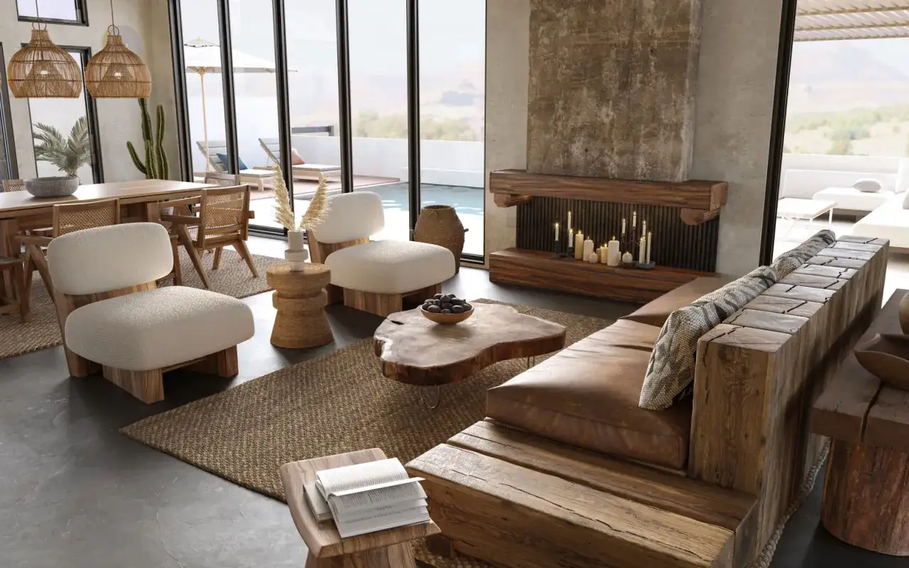 Salon au style wabi sabi, avec des meubles en bois brut, des textures naturelles et une ambiance chaleureuse.