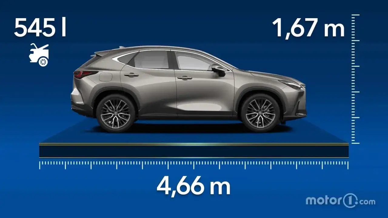 El Lexus NX tiene unas medidas de 4,66 m de largo y 1,67 m de alto. El maletero tiene 545 litros.