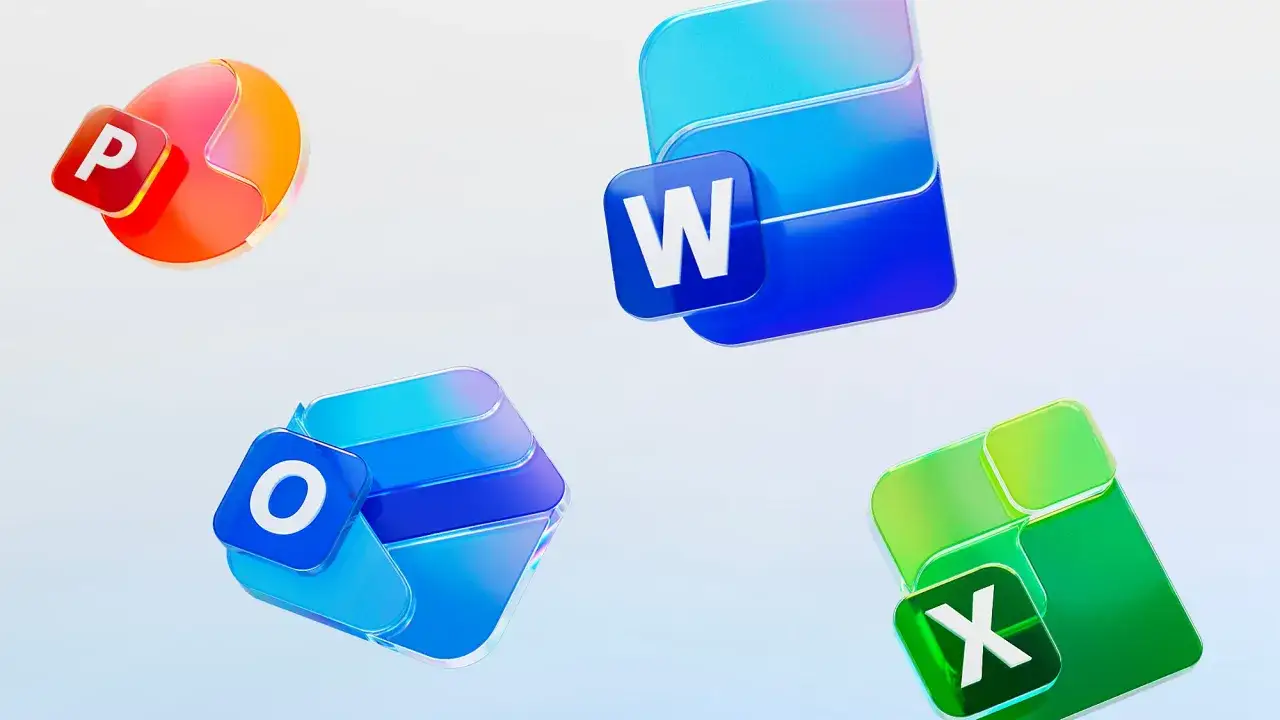 Ikony aplikacji PowerPoint, Word, Outlook i Excel z pakietu Office 2021 unoszą się w przestrzeni.