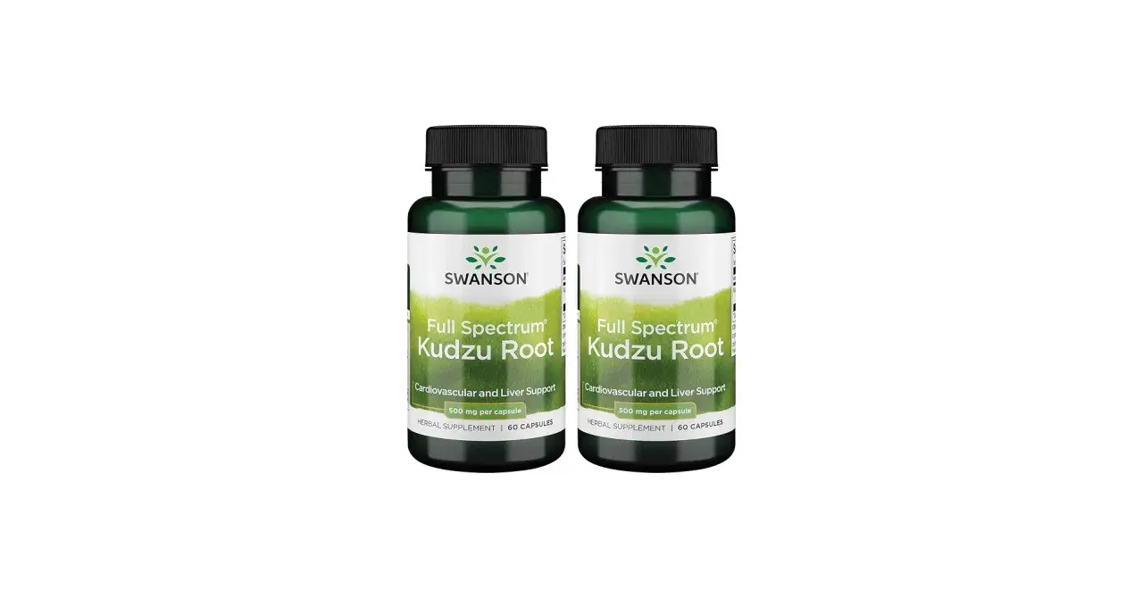 Dwie butelki suplementu diety Swanson Full Spectrum Kudzu Root, wspierającego serce i wątrobę.