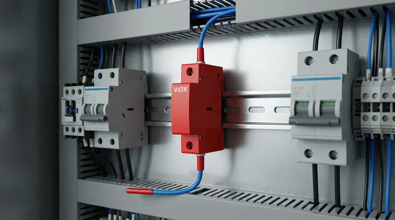 Czerwony moduł VIOX, chroniący przed łukiem elektrycznym, zamontowany na szynie DIN obok wyłączników.