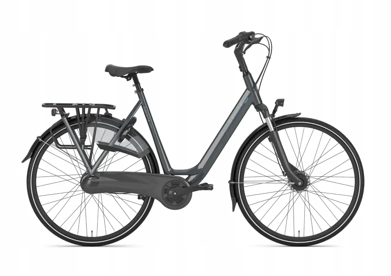 Szary rower Gazelle Rama 53, idealny dla osób o wzroście ok. 170-180 cm. Wyposażony w bagażnik i błotniki.