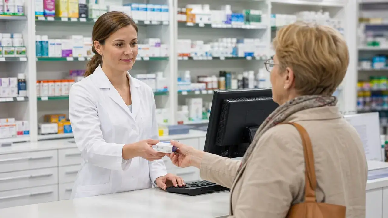 Technik farmacji w białym fartuchu podaje lek klientce. Dyskutują o tym, ile zarabia technik farmacji.