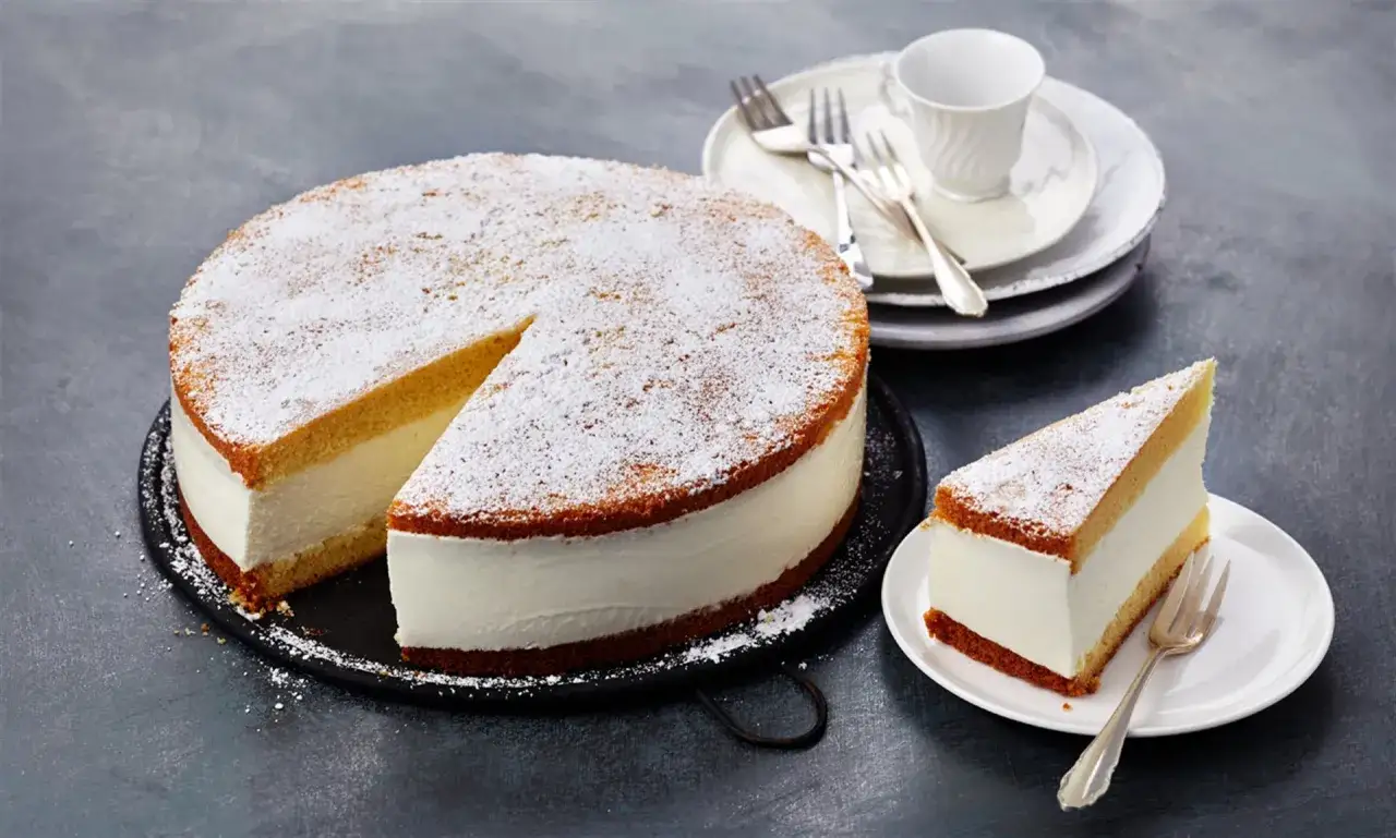 Eine köstliche Quark Sahne Torte, bestäubt mit Puderzucker, wartet auf ihre Genießer. Ein Stück ist bereits auf einem Teller angerichtet.