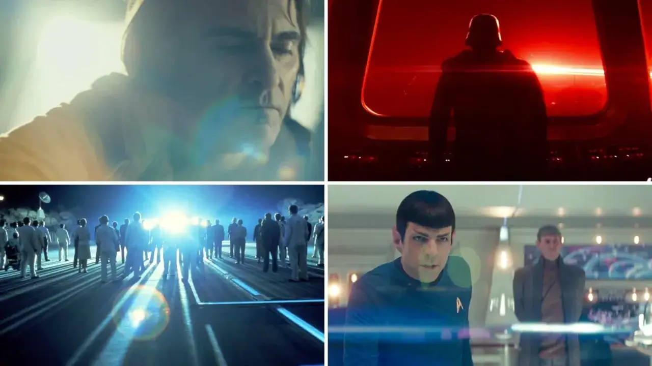 Sci-fi scenes with dramatic lighting and optical flares after effects. A man looks into the light, a figure stands in red, a crowd gathers, and Spock looks intently.