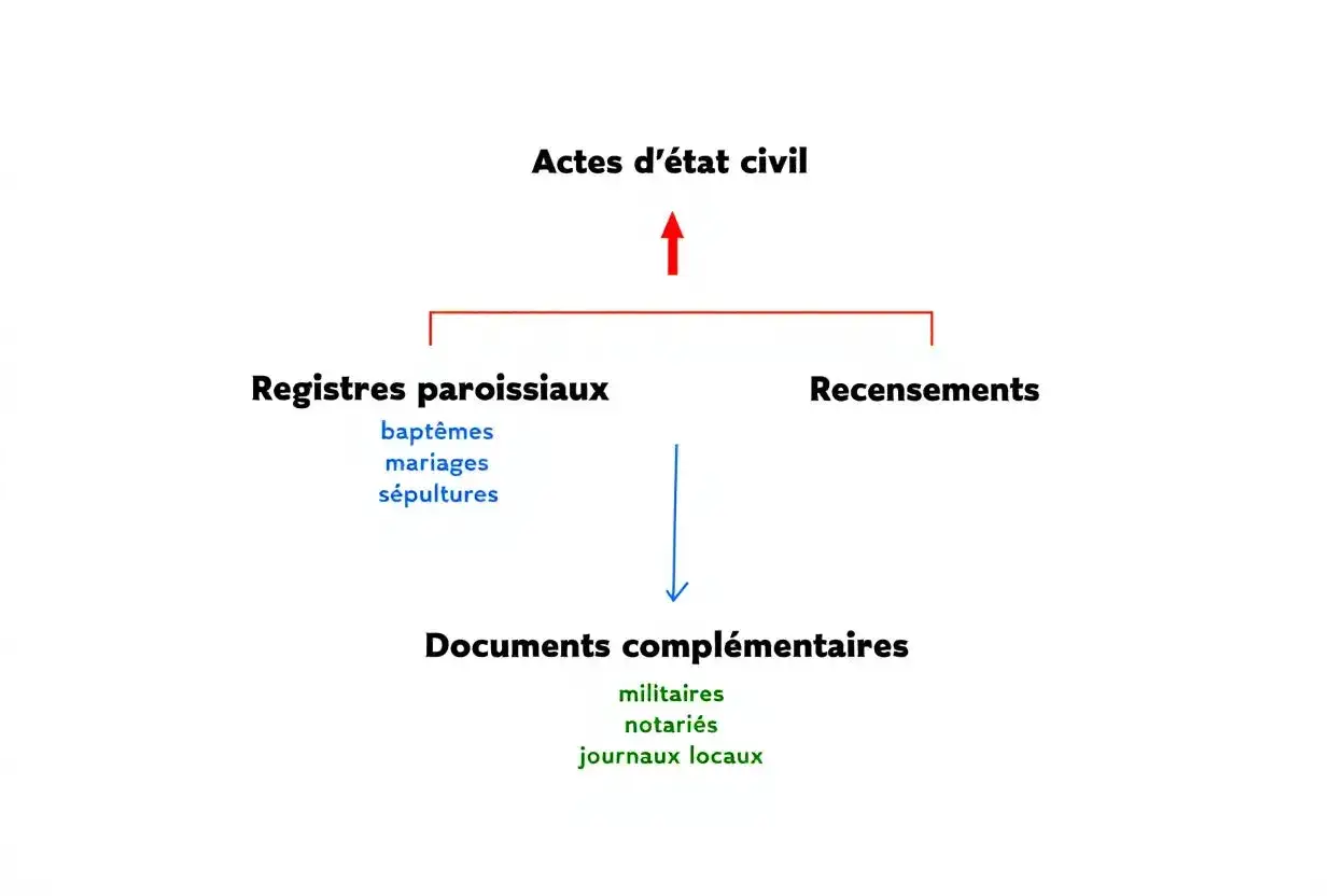 Sch&eacute;ma des actes d'&eacute;tat civil : registres paroissiaux (bapt&ecirc;mes, mariages, s&eacute;pultures), recensements et documents compl&eacute;mentaires. Utile pour votre family search avis.