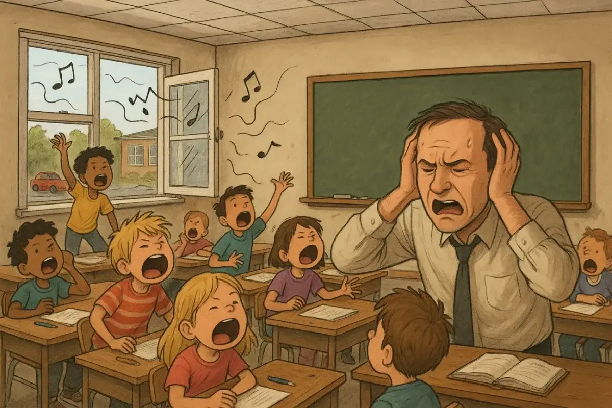 Maestro con las manos en la cabeza, abrumado por la **sobrecarga sensorial** de ni&ntilde;os gritando y notas musicales flotando en el aire.