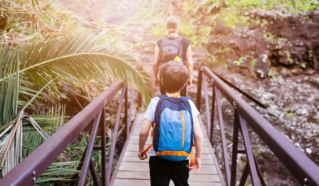 Un niño y una mujer caminan por un puente de madera en un sendero exuberante, una aventura perfecta de Tenerife con niños.