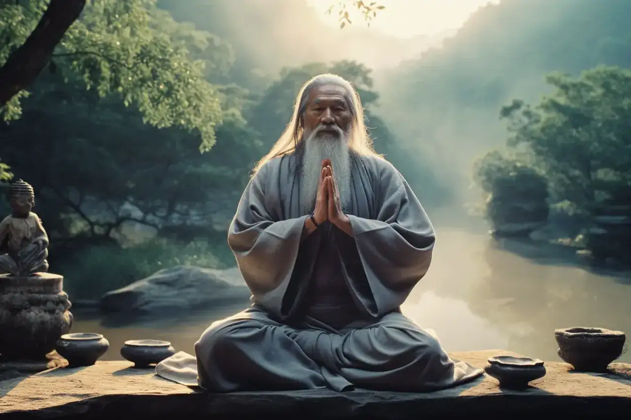 Un anziano saggio medita in posizione del loto, con le mani giunte, immerso nella serenità della natura, come descritto nel Tao Te Ching.