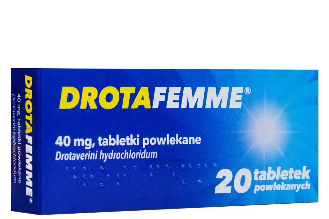 Opakowanie leku Drotafemme, zawierające 20 tabletek powlekanych 40 mg drotaweryny chlorowodorku.