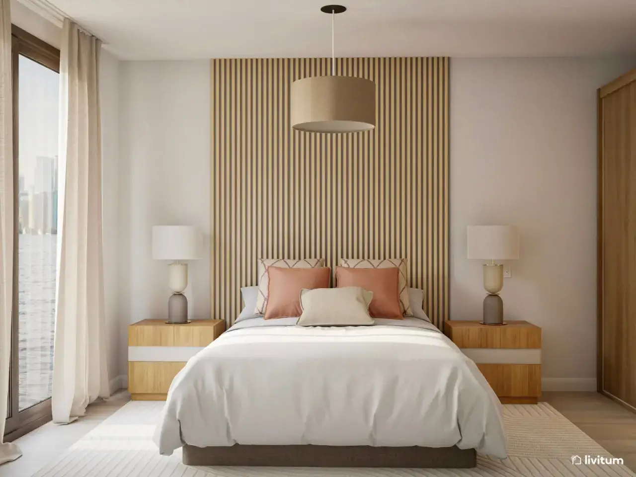 Acogedor dormitorio estilo escandinavo con cama doble, mesitas de noche de madera y panel de listones en la pared.