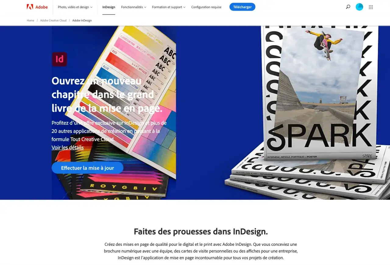 Adobe InDesign, l'application pour cr&eacute;er un livre gratuit, est mise en avant avec des nuanciers et des magazines.