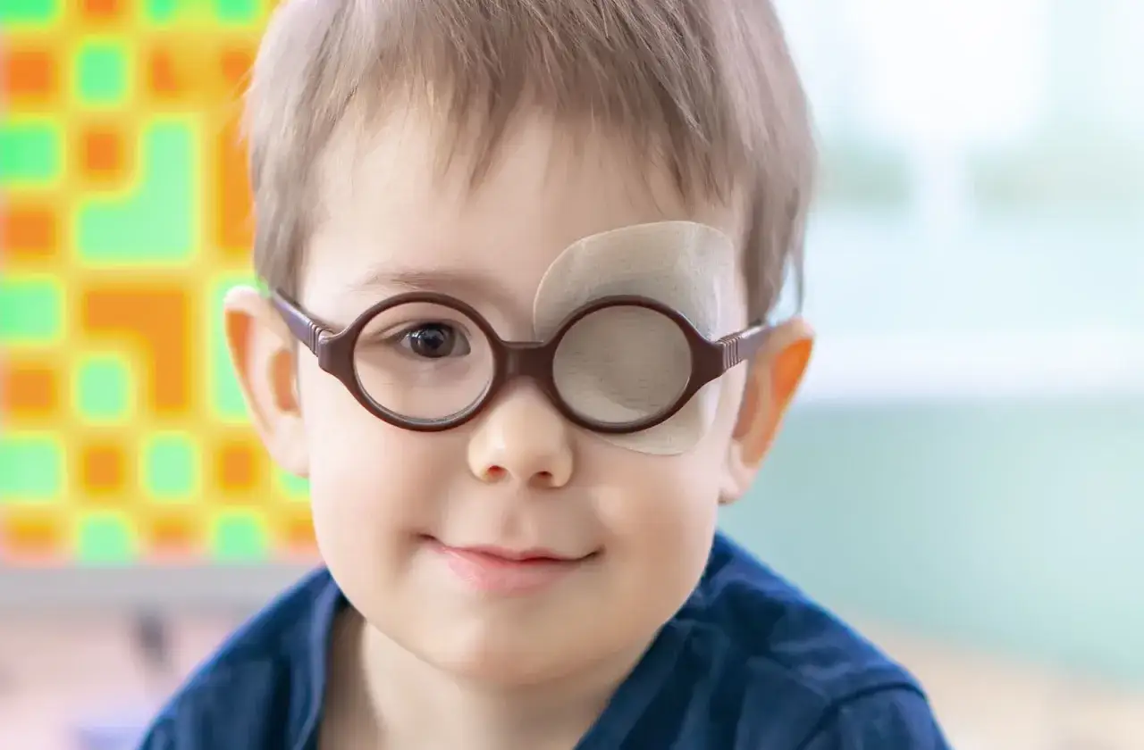 Bambino con occhiali e cerotto per correggere l'occhio ambliope, sorride con uno sfondo colorato.