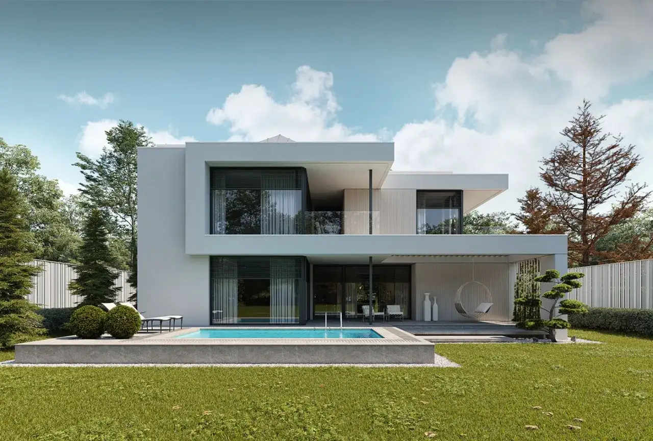 Eleganti case moderne esterni a due piani con piscina, giardino curato e un'atmosfera di lusso.