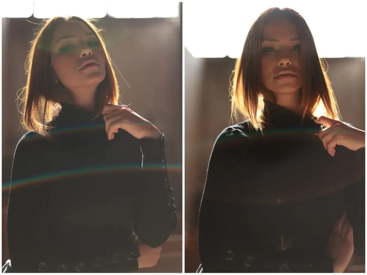 Portrait en mode photo d'une femme aux cheveux châtains, vêtue d'un col roulé noir, éclairée par une lumière douce et chaude.