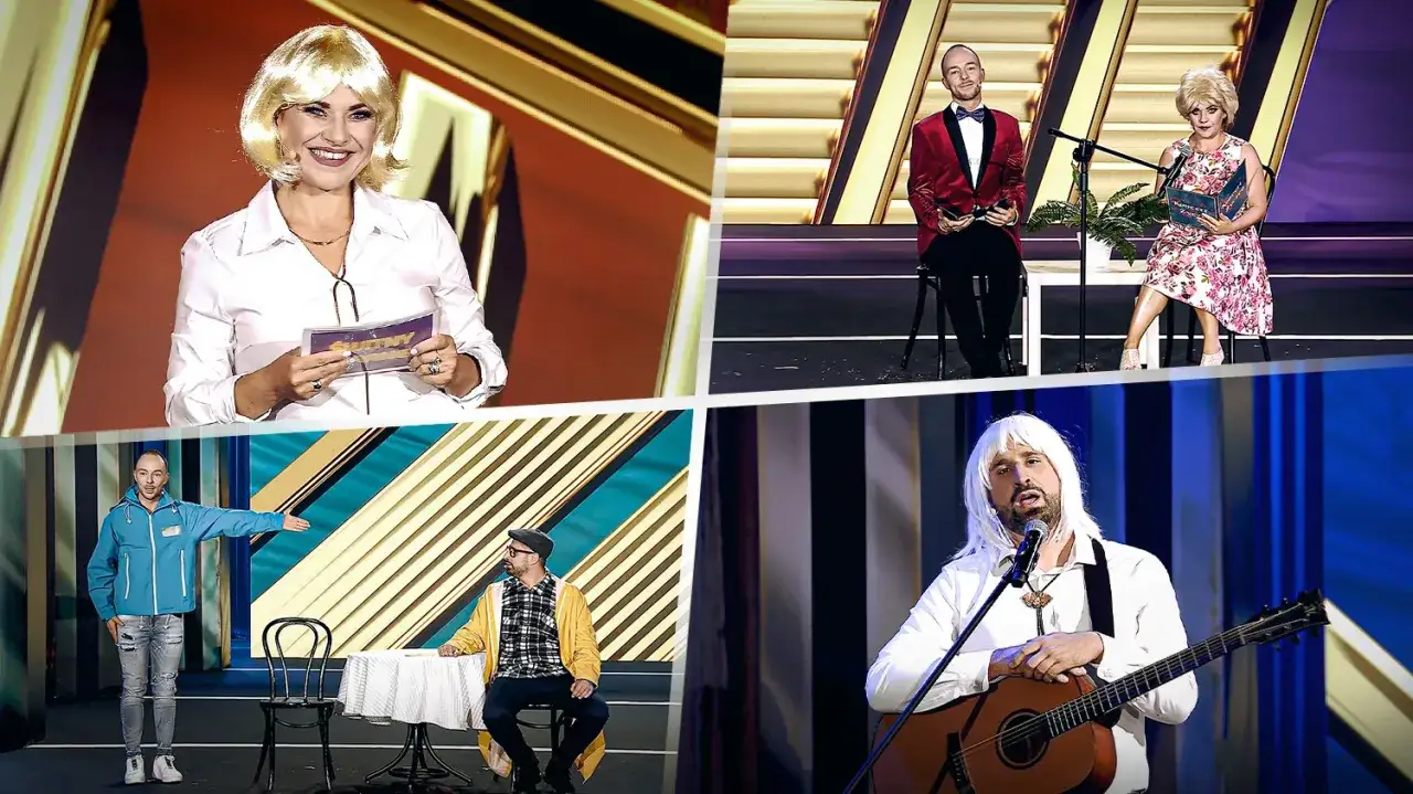 Kabareciarze polscy w różnych skeczach: kobieta w peruce z kartką, mężczyzna w czerwonym żakiecie, para na scenie i gitarzysta w peruce.