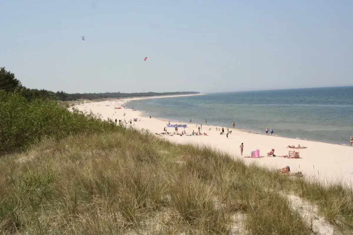 Słoneczna plaża z ludźmi odpoczywającymi na piasku i kitesurferami na morzu. Widok z wydm, idealne miejsce na grzybowo nad morzem.