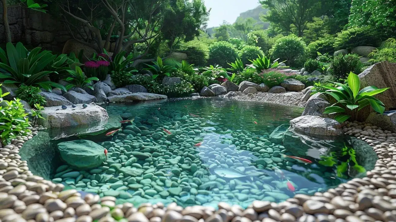 Un étang paisible avec des poissons rouges nageant parmi les galets verts. Des plantes luxuriantes et des rochers bordent ce jardin aquatique.