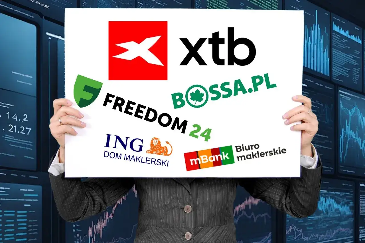 Osoba trzyma tablicę z logotypami brokerów: XTB, BOSSA.PL, Freedom24, ING Dom Maklerski, mBank Biuro maklerskie. Idealne dla początkujących, szukających konta maklerskiego.