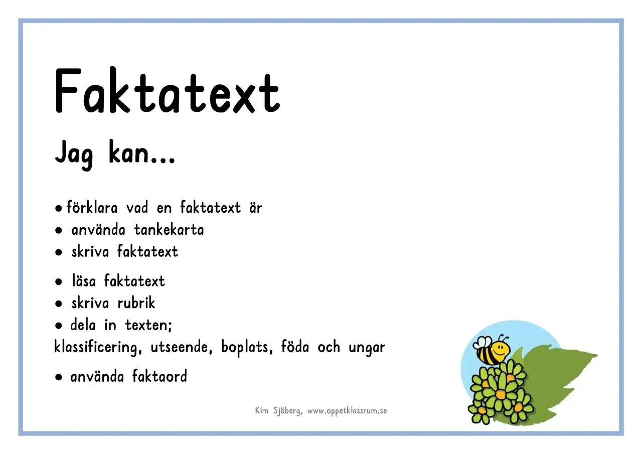 En mall för att skriva faktatext. Lär dig förklara, använda tankekarta, läsa, skriva rubriker och faktaord.