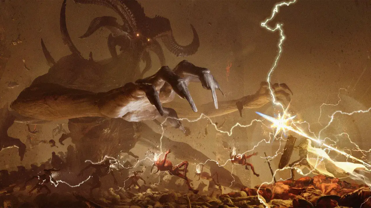 Diablo 4 news: Wielka dłoń demona sięga po walczących bohaterów, a błyskawice rozświetlają mroczną scenę bitwy.