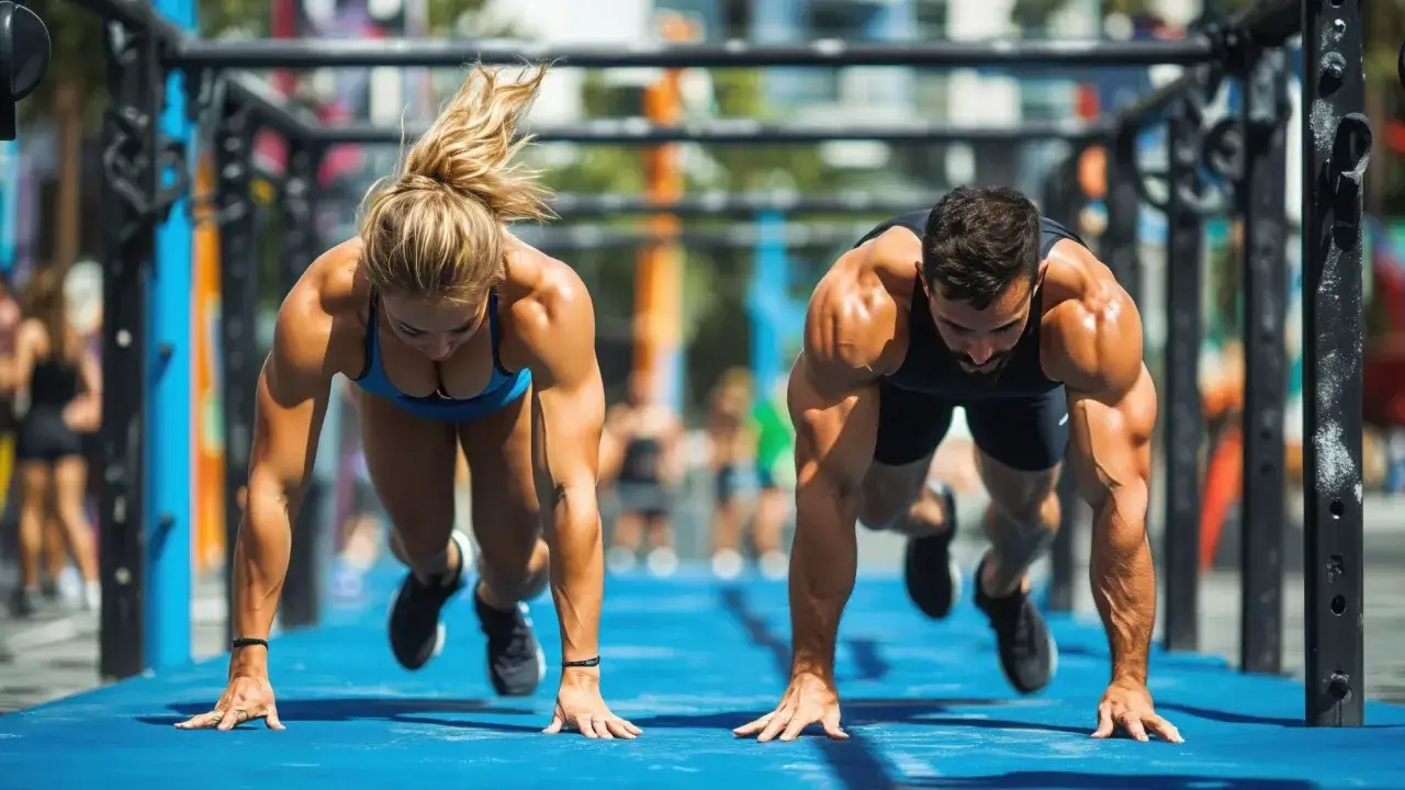 Para ćwiczy na zewnątrz, wykonując pompki. To przykład treningu metcon crossfit, co to znaczy intensywność i wszechstronność.