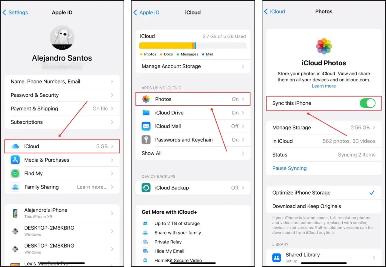 Inst&auml;llningar f&ouml;r iCloud-bilder p&aring; iPhone. Synkronisering av bilder &auml;r aktiverad.