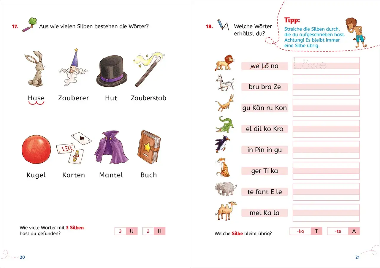 Was lernt man in der ersten Klasse? Silben z&auml;hlen bei Bildern wie Hase, Zauberer, Hut, Zauberstab, Kugel, Karten, Mantel, Buch.