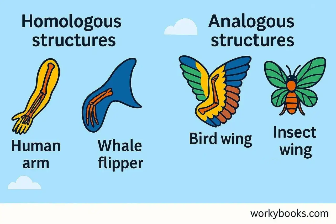 Vergleich von homologen Strukturen (menschlicher Arm, Walflosse) und analogen Organen (Vogelflügel, Insektenflügel).