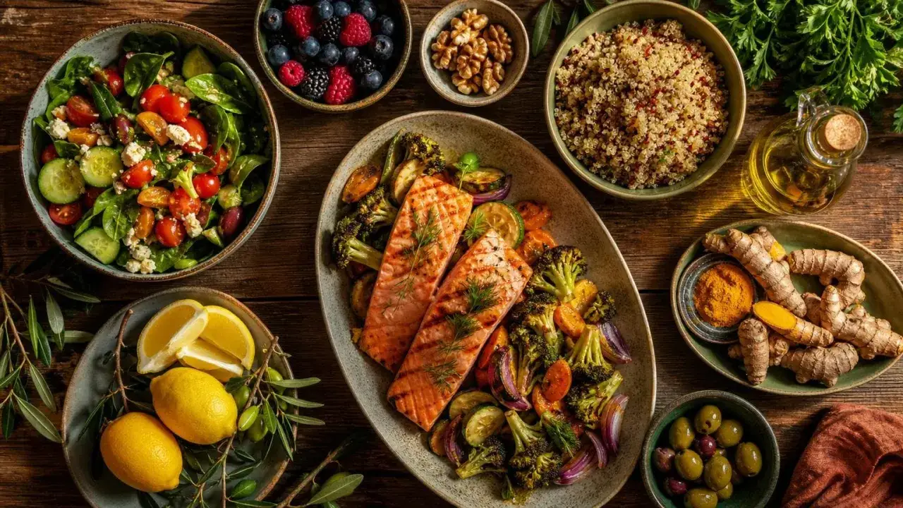 Un festin sain : saumon grillé, légumes rôtis, salade fraîche, quinoa, fruits rouges, noix, citrons et curcuma. Une alimentation anti acide pour le bien-être.