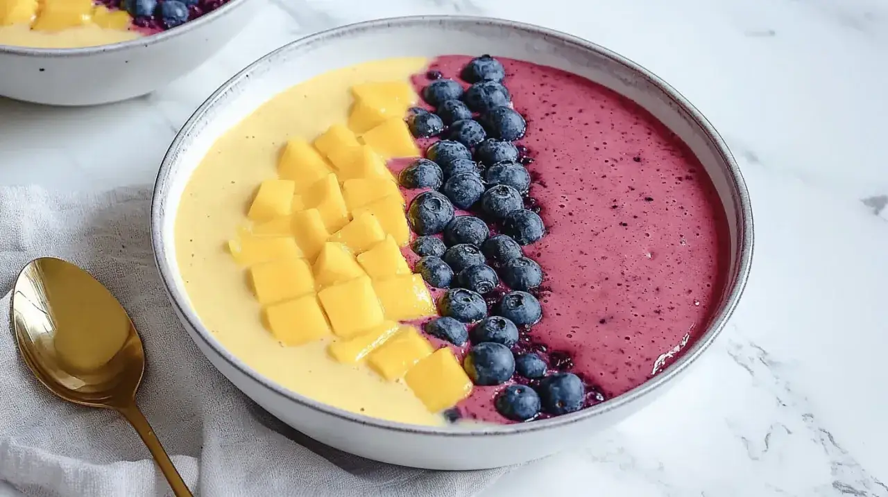 Smoothie bowl z mango i jagodami, obok tradycyjny kisiel. Złota łyżka czeka na pierwszy kęs.