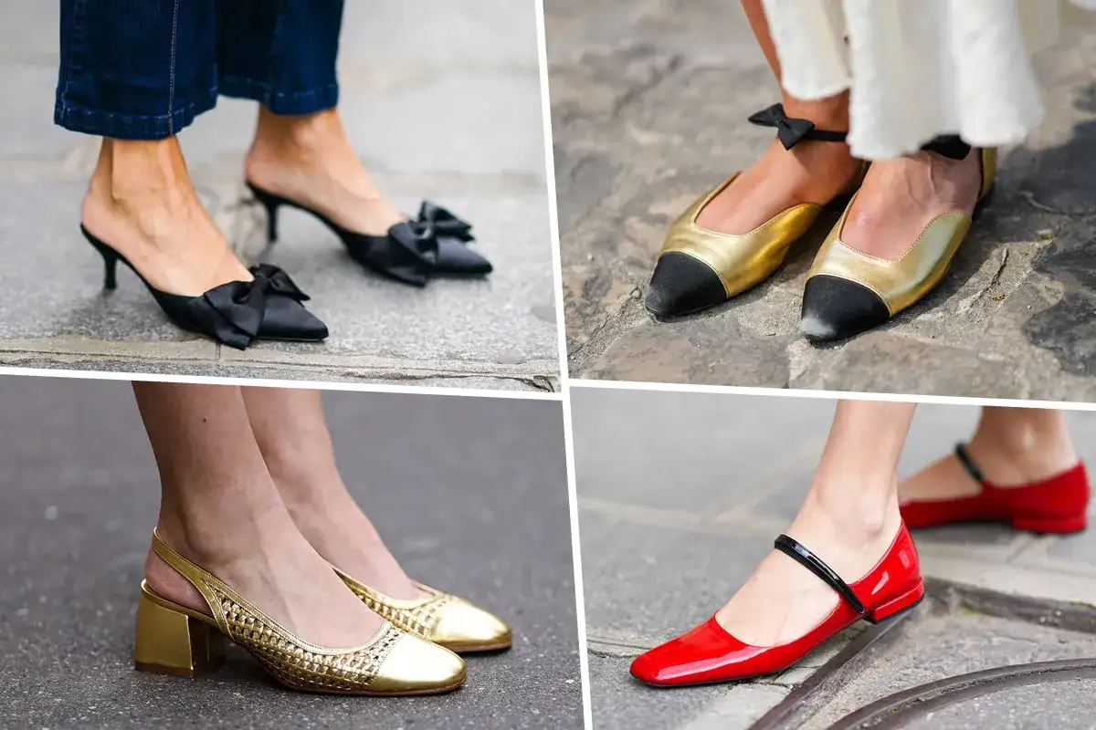 Scarpe eleganti per far sembrare i piedi pi&ugrave; piccoli: ballerine rosse, mules nere con fiocco, slingback dorate e ballerine bicolore oro/nere.
