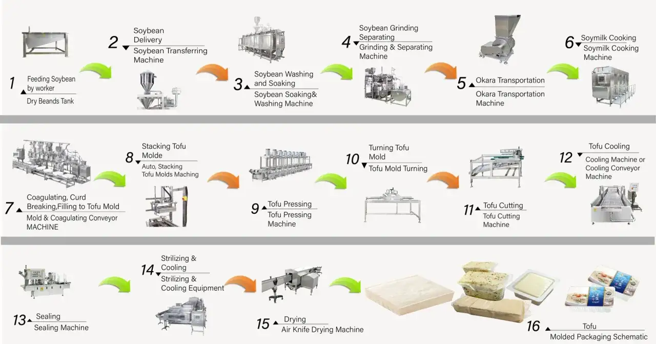 Schemat produkcji tofu, od ziaren soi po gotowy produkt. Czy tofu to nabiał? Nie, to produkt roślinny.