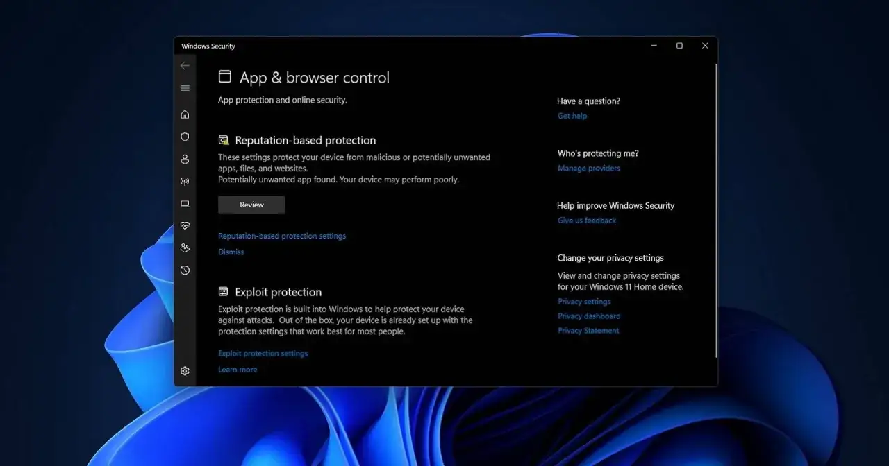 Ventana de Seguridad de Windows 11, control de aplicaciones y explorador. Opciones para desactivar SmartScreen.