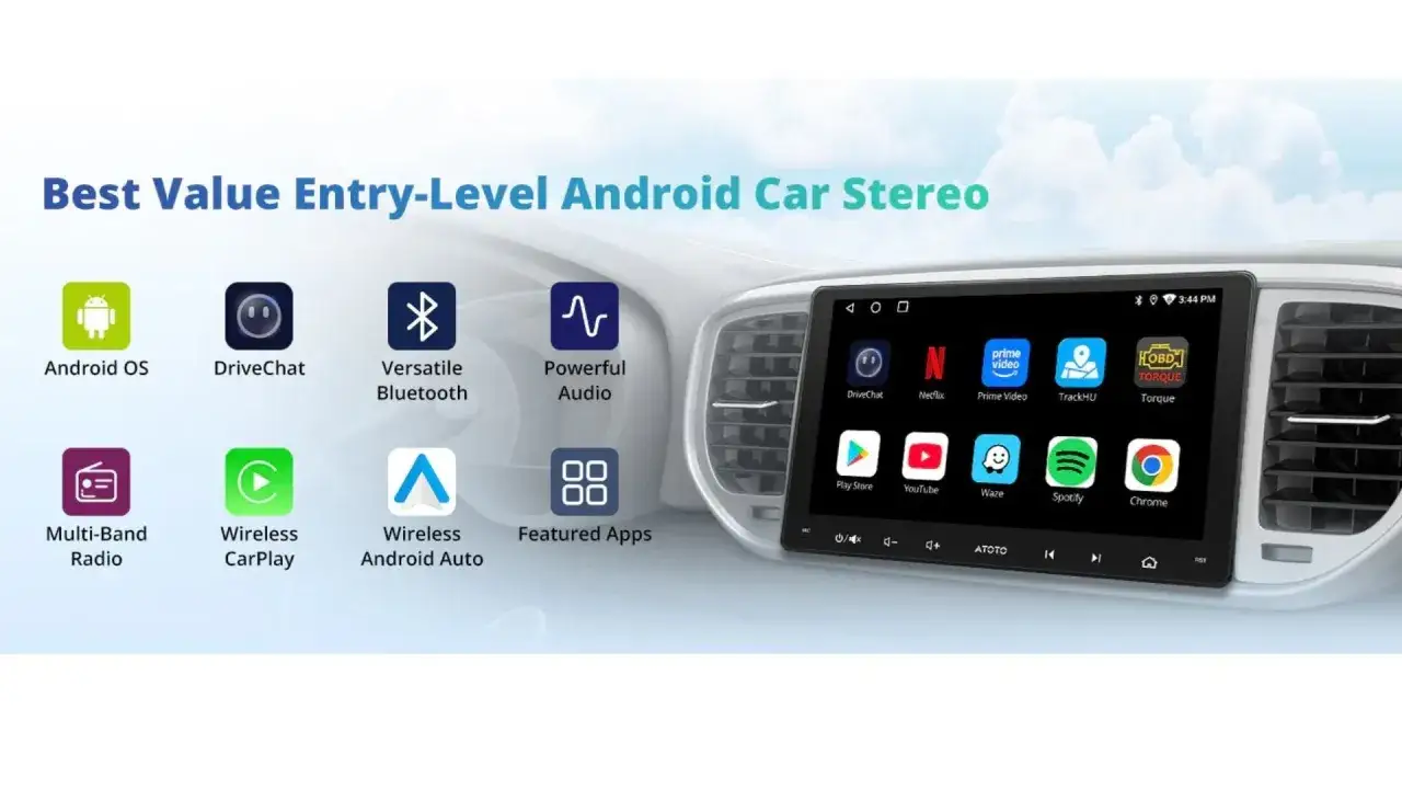 Radio per Android Auto con schermo touch, icone di app e funzioni come Wireless CarPlay e Android Auto.