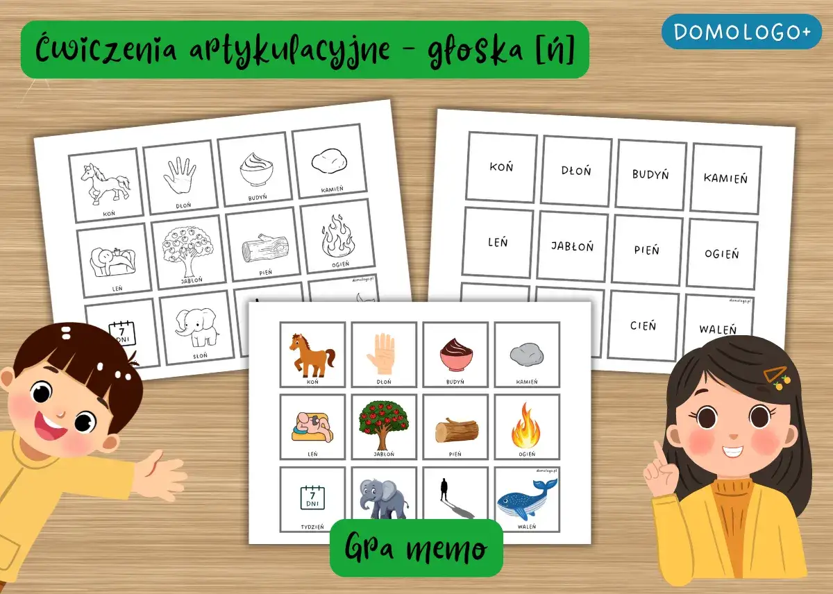 Dzieci ćwiczą mówienie przez nos z kartami memo: koń, słoń, jabłoń, kamień.