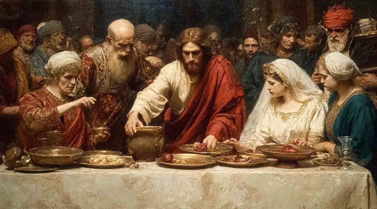 Scena z Kany Galilejskiej: Jezus przemienia wodę w wino podczas uczty weselnej, świadectwo pierwszego cudu.