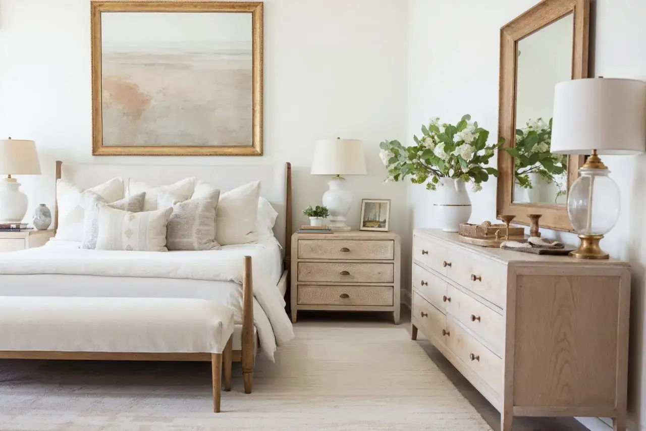 Chambre couleur taupe avec un grand lit blanc, des tables de chevet en bois clair, une commode et un miroir.