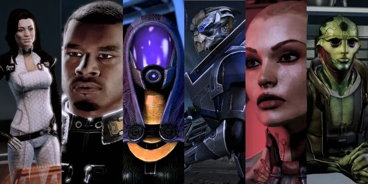 Kolaż postaci z Mass Effect 2, ukazujący potencjalne **mass effect 2 romanse**: Shepard, Garrus, Tali, Miranda, Jack i Thana.
