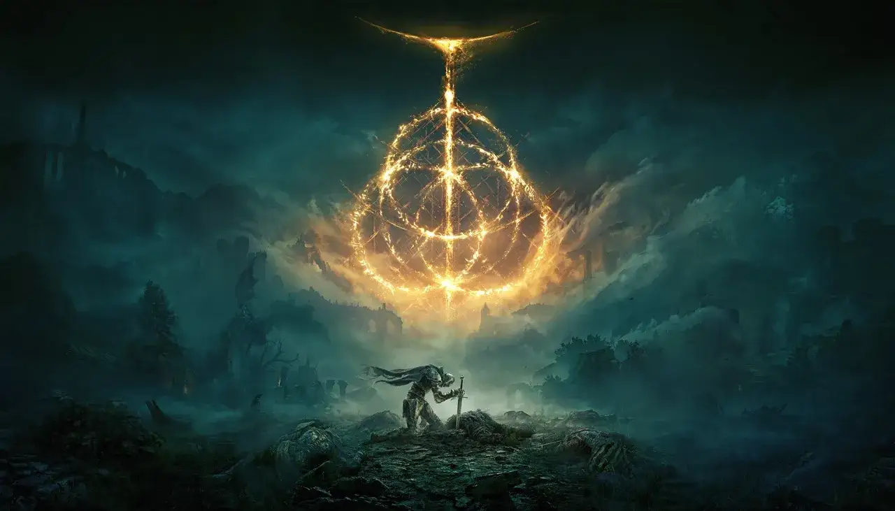 Rycerz klęczy przed Wielkim Pierścieniem Elden Ring, symbolizującym jego podróż po premierze gry.