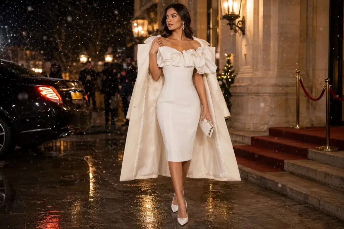 A woman in formal cocktail attire, a white off-the-shoulder dress and cream coat, arrives in the snow.