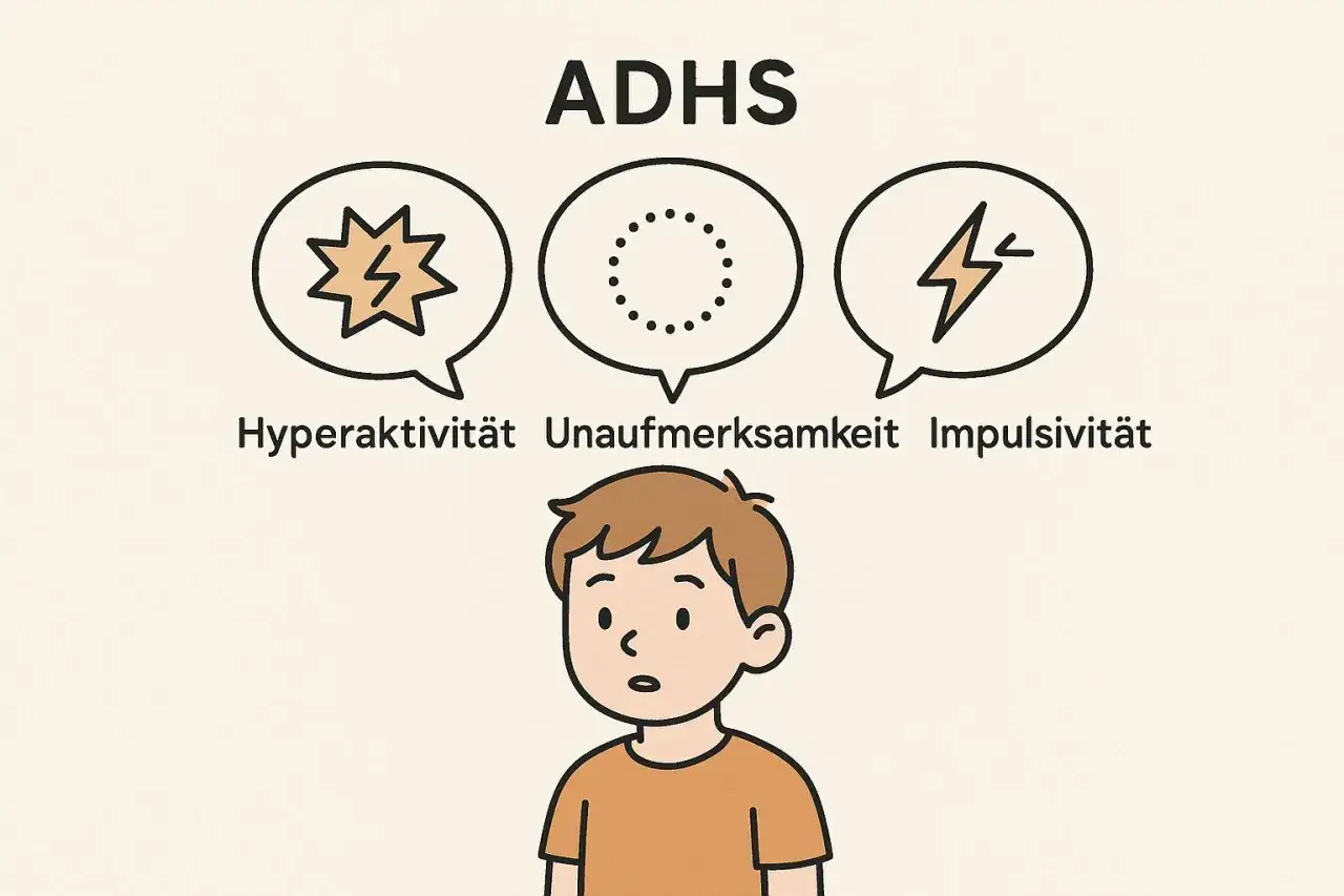Ein Junge mit ADHS, dessen Gedankenwolken Hyperaktivit&auml;t, Unaufmerksamkeit und Impulsivit&auml;t symbolisieren. Die Darstellung zeigt die Vielfalt der ADHS-Emotionen.