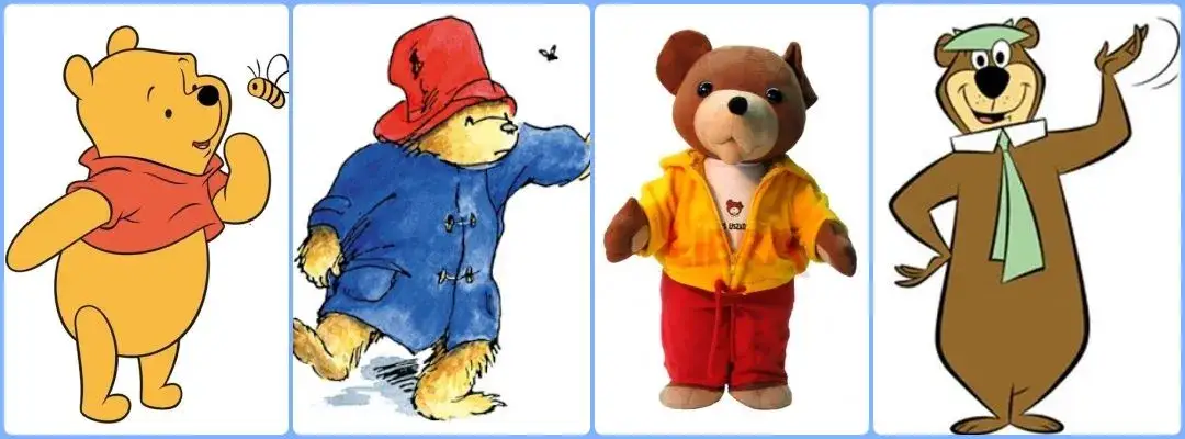 Kolaż słynnych pluszowych misiów (Kubuś Puchatek, Uszatek, Paddington)