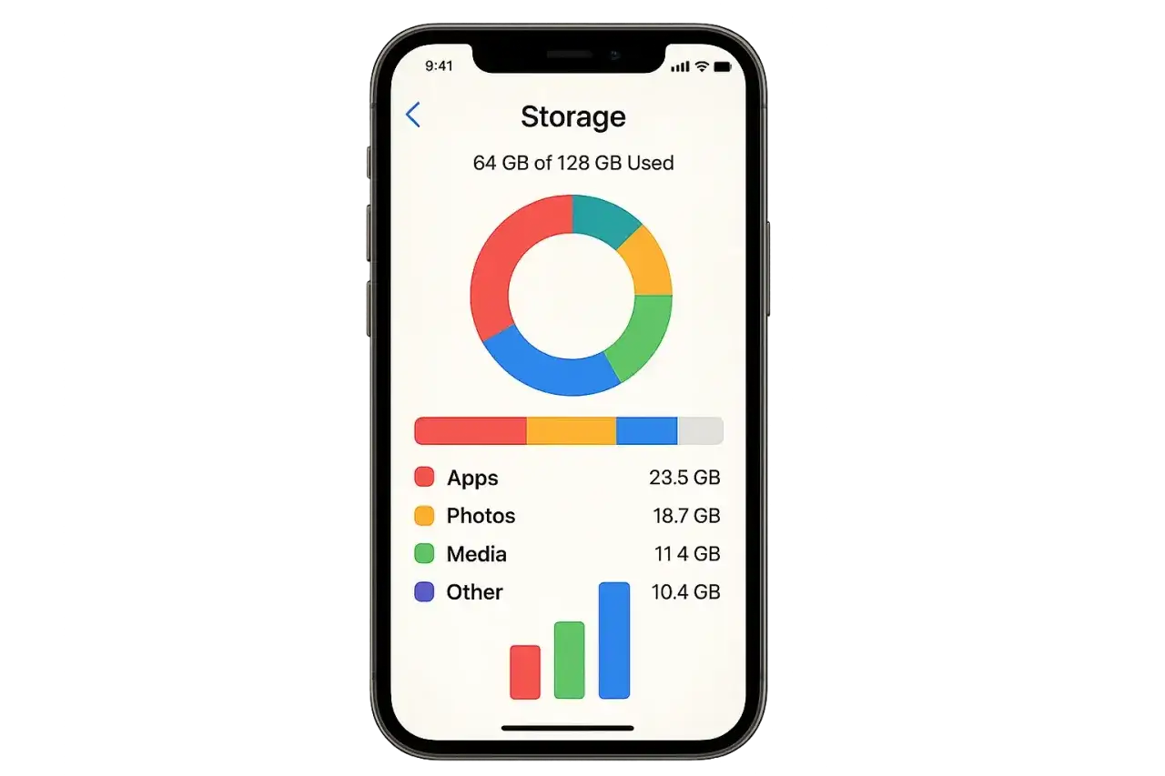 Na ekranie telefonu widać wykres kołowy i słupkowy pokazujący wykorzystanie pamięci: 64 GB z 128 GB. Czy 64 GB pamięci to dużo?