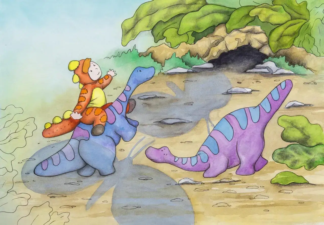 Dziecko w stroju dinozaura jedzie na niebieskim dinozaurze, obok fioletowy dinozaur. To najlepsza książka o dinozaurach dla dzieci, pełna przyg&oacute;d!