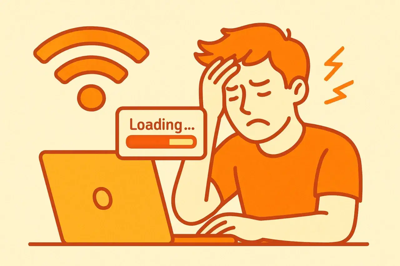 Ragazzo frustrato con laptop, barra di caricamento e simbolo Wi-Fi. L'internet lento causa mal di testa.