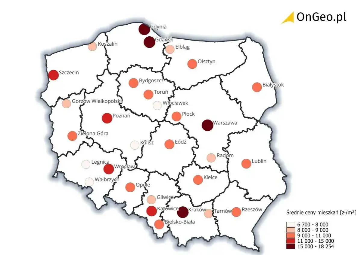 Mapa Polski z zaznaczonymi miastami i ich cenami działek budowlanych. Najwyższe ceny w Trójmieście i Warszawie.