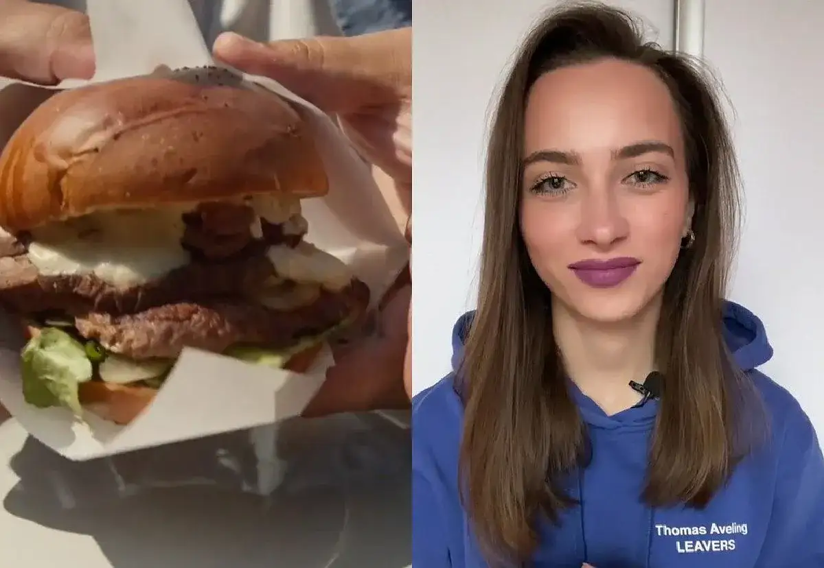 burger rozpadający się, osoba jedząca burgera niechlujnie