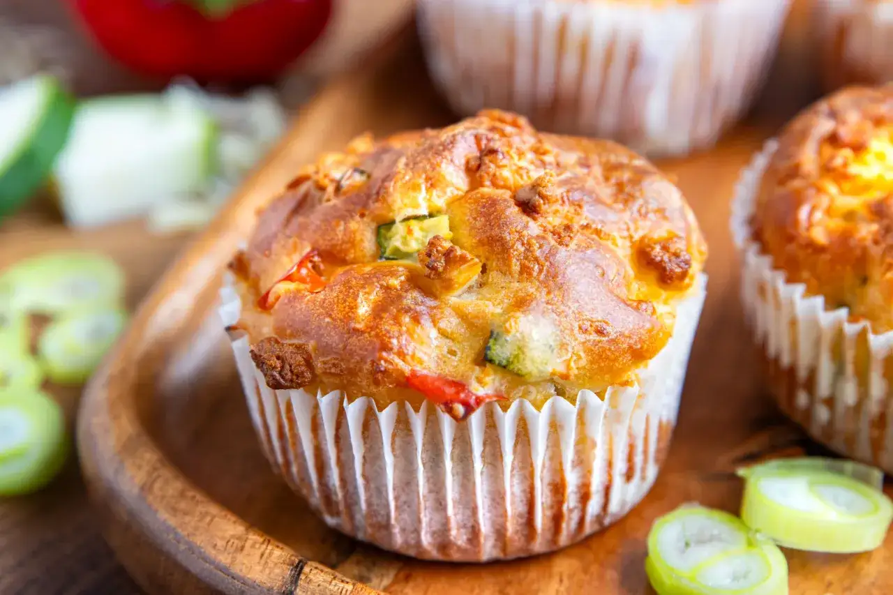 Goldbraune, herzhafte Muffins mit Gemüse wie Paprika und Zucchini auf einem Holzteller, garniert mit Frühlingszwiebelringen.